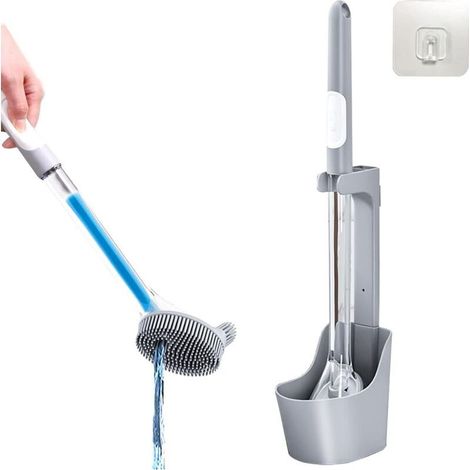 Brosse WC - Tête C En Silicone - Support Avec Distributeur De Liquide - 40 Cm - Pour Salle De Bain - 1 Pièce (1/5)