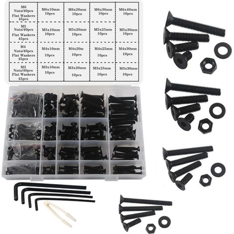 M3 M4 M5 M6 Jeu de Vis Boulons et Écrous, 500Pièces Noir Hex Socket Head Cap Vis Boulons à Tête Plate,Filetage Machine Boulon et Écrous Ensemble Outils Assortiment Kit (1/4)