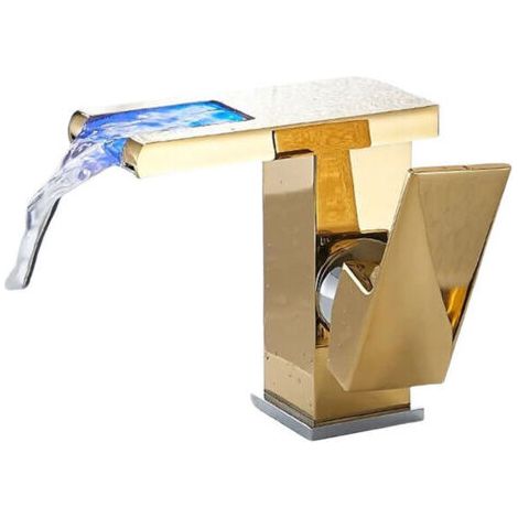 Robinet cascade de salle de bain à cascade avec éclairage LED à changement de couleur - Style moderne - Doré