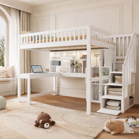 Lit mezzanine 140x200 cm en bois blanc avec bureau, gain de place, sans matelas – MEUBLIV (1/5)