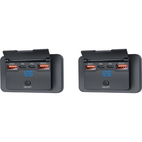 Adatto per caricabatterie USB a 4 porte da 12 V 108 W con doppia porta PD e doppia porta QC3.0, con voltmetro digitale, interruttore, presa di corrente e adattatore da pannello.