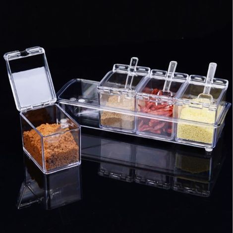 Ensemble de récipients à épices, lot de 4 pots à épices en plastique transparent avec couvercles et cuillères, idéal pour la cuisine. (1/4)
