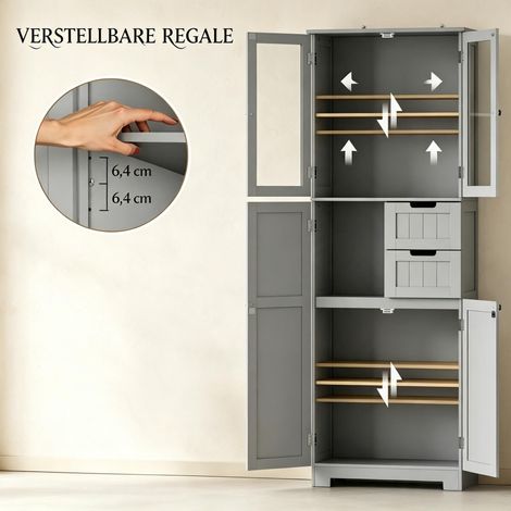 Meuble de salle de bain haut sur pieds, armoire de rangement autoportante à 4 portes dont 2 vitrées, 2 tiroirs, étagères réglables en hauteur (1/5)