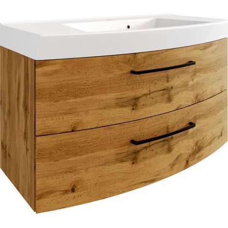Waschtischunterschrank inkl. Waschbecken 100 cm breit MORISSON-03 in Wotan Eiche Nb. mit gebogener Front, B/H/T: ca. 100/59/50 cm (1/5)