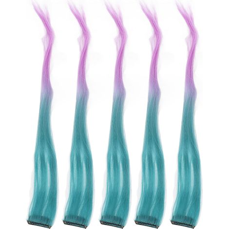 10 Mèches Extensions de Cheveux Longues Droites Dégradé Exquises Pinces à Cheveux pour Cosplay Fêtes Halloween Vert Violet (1/5)