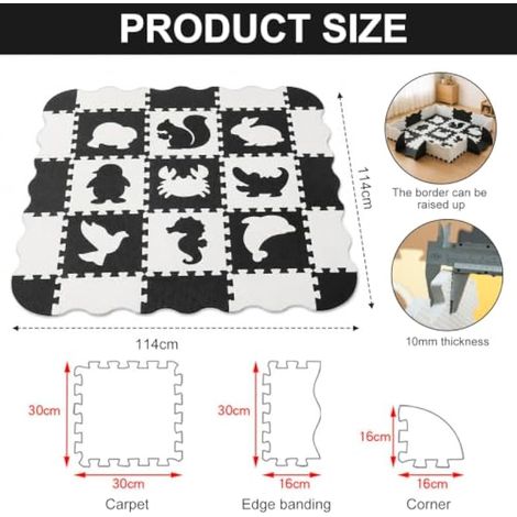 Tapis puzzle 9 pièces Tapis de jeu EVA 114 × 114 × 1 cm Motif animal Noir (1/4)