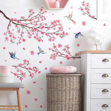 Autocollant Mural Fleurs de Cerisier Rose Décoration Murale pour Chambre Salon ou Fenêtre Motif Floral Branche de Vigne et Oiseaux (1/5)