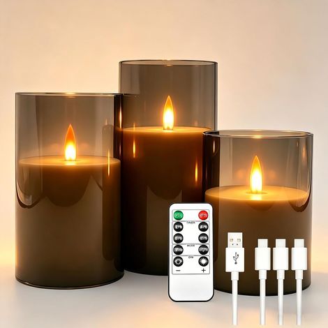 3 Bougies LED Rechargeables, Grande Capacité 1800mAh, Bougies à Scintillement Sans Flamme avec Télécommande, Coque Transparente Gris Foncé pour Décoration de Fêtes et Mariage (1/5)