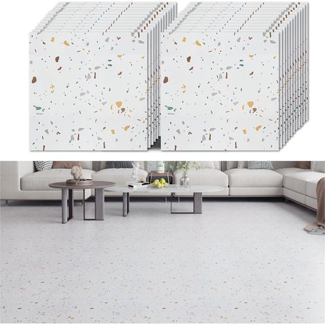 Sol PVC Adhesif Granit Blanc Dalle PVC Adhesive Sol Marbre Blanc 24 Pièces Stickers Carrelage Adhésif Salle de Bain Garage Carreaux Adhesif Cuisine 1.5mm 30 cm × 30 cm (1/5)
