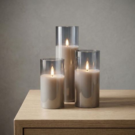 Set of Three Grey Glass LED Pillar Candles (1/2)