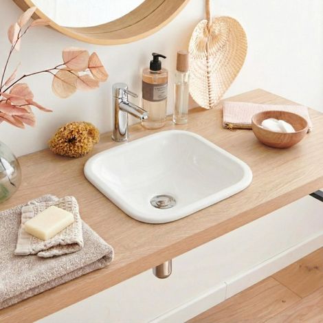 Mob-In – Vasque à encastrer carrée en céramique blanche 37cm – Rebord ultra-fin 1cm – Trou d'évacuation standard 45mm – Facile à nettoyer (1/4)