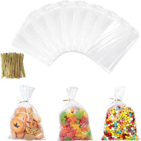 200 Sachet Transparent, 15x10 cm OPP, Avec Cravates Dorées, Pour Bonbon, Cadeau, Anniversaire