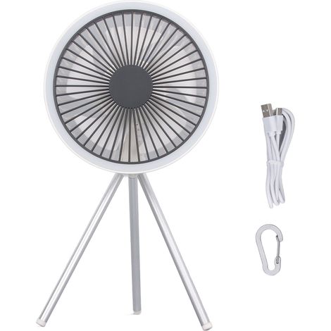Ventilateur de bureau trépied avec lumière, rechargeable par USB, 3 vitesses réglables, portable, à suspendre sous tente, pour l'intérieur, l'extérieur et le camping (blanc). (1/3)