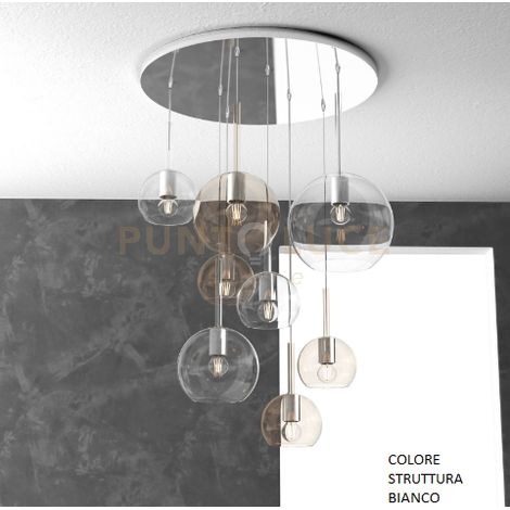 SOSP. BIANCO TONDA 8 LUCI VETRI (1 GRANDE TR+1 MEDIO AM+1 MEDIO TR +5 PICCOLO (3 X AM+2 X TR)) 1155BI-S8 TMIX-TA