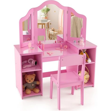 COSTWAY Juego de Tocador Infantil con Espejo y Silla, Conjunto 2 en 1 de Tocador de Maquillaje de Princesa con Espejo Tri-Plegable Removible, 4 Compartimentos de Almacenamiento para Niñas (Rosa) (1/5)
