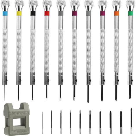 Set mit 21 Präzisionsschraubendrehern für Uhren (0,6-1,6 mm), Uhrenreparaturwerkzeuge, Brillen, Uhren und Schmuck (10 Schraubendreher, 10 Bits, 1 Entmagnetisierer) (1/5)