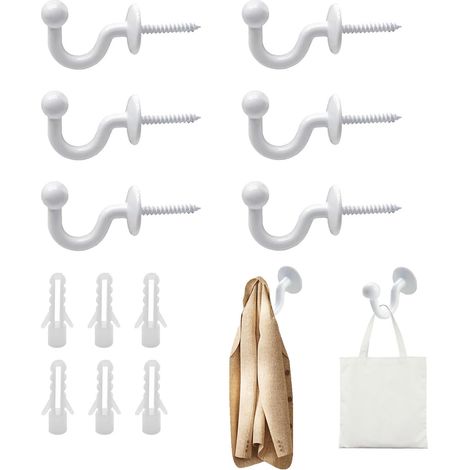 Lot de 6 crochets, tête ronde blanche en forme de U, avec tube d'expansion en plastique, adaptés pour suspendre rideaux et vêtements.