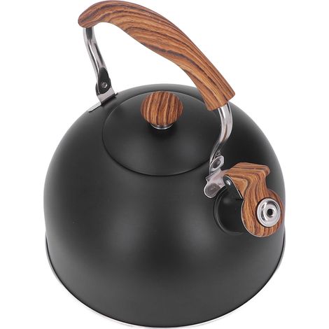 Bouilloire à sifflet 2,5 L en acier inoxydable avec poignée imitation bois pour thé, café, lait et eau. (1/5)