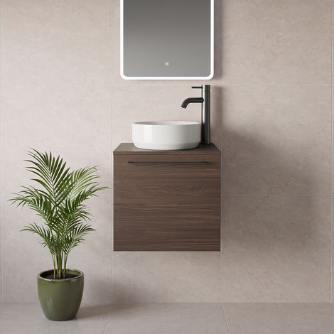 Napoli 390 Brown Oak 500mm Wall Mounted Single Drawer Vanity Unit for Countertop Basins - 500mm - Gunmetal Grey 320mm Handle