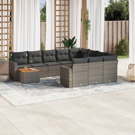 Ensemble Salon Jardin 11 Pièces Tressé Résine Gris avec Coussins, Table Acacia et Rangement Intégré (1/5)