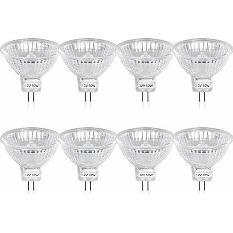 Bombilla halógena GU5.3 MR16 de 50 W, regulable, DC 12 V de bajo voltaje, base de dos pines, foco reflector, 800 lúmenes, blanco cálido 2800 K (8 unidades) (1/5)