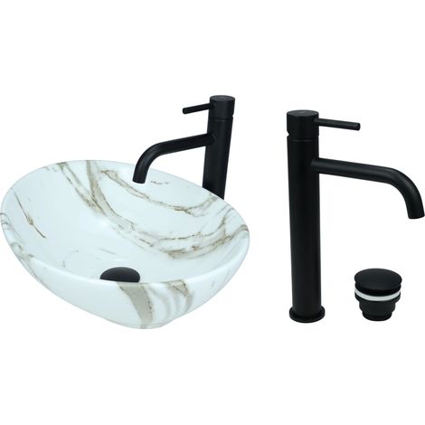 GTM Design Aufsatzwaschbecken 41 cm Glanz Set mit Waschtischbatterie und Stopfen - Aufsatzwaschbecken Oval für Badezimmer - Modernes Waschbecken ohne Hahnloch - Waschbecken mit Armature (1/5)