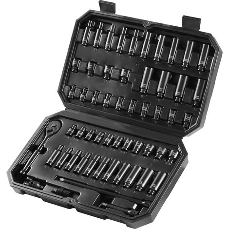 Jeu de douilles à choc 1/4", 55 pièces, profondes et standard, SAE 5/32"-9/16" et métrique 4-15mm, acier CR-V, marquages lisibles, coffret de rangement. (1/5)