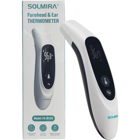 Thermomètre infrarouge pour le front, l'oreille et les objets sans contact 35 mesures Blanc 5x4x16cm Solmira