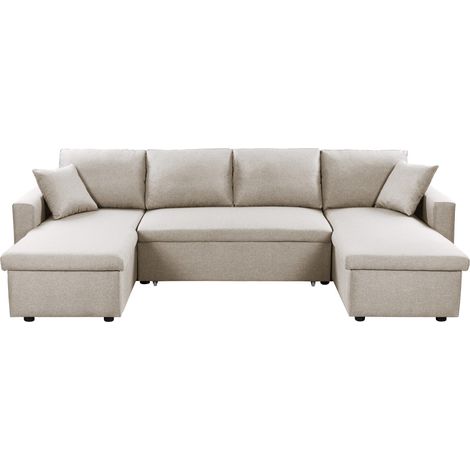 Canapé d'angle panoramique convertible 6 places – 295x146x81 cm – 2 coffres de rangement – Tissu beige moderne – Usinestreet (1/8)