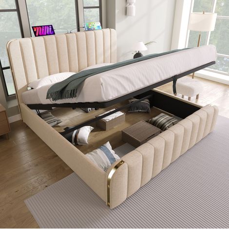 Doppelbett 140x190 cm beige aus Leinen mit Stauraum, USB- und Typ-C-Ladefunktion und Metallakzenten (1/5)