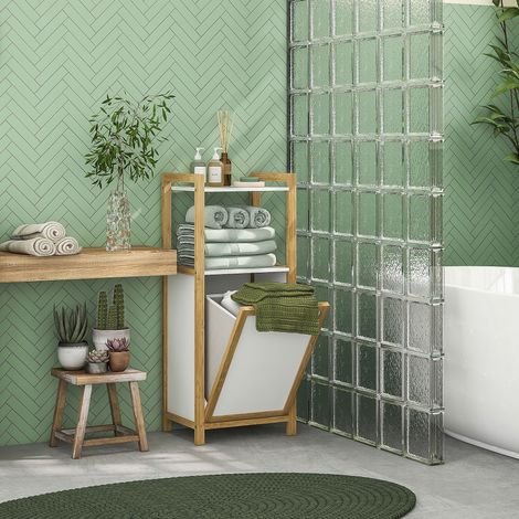 Meuble sur pied en bambou panier à linge salle de bain gain de place - 2 étagères - dim. 40L x 30l x 86.5H cm