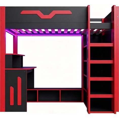 Lit mezzanine 90x200 con escritorio y almacenaje, madera negra y roja, MODENUIT (1/5)