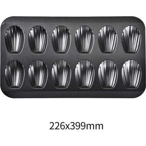 Zweiteilige Madeleine-Formen mit je 12 Mulden aus Kohlenstoffstahl mit hochwertiger Antihaftbeschichtung und Silikonölpinsel. Geeignet zum Backen von Gebäck, Schokolade, Brownies, Kuchen und Keksen.