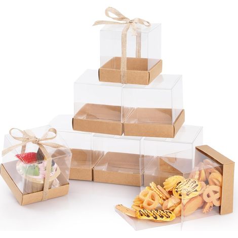 Lot de 10 Boîtes Carrées Transparentes 9 x 9 x 9 cm, Coffret Cadeau en PVC avec Ruban en Papier Kraft, Petite Boîte Classique et élégante avec Nœud pour Desserts, Souvenirs (1/5)