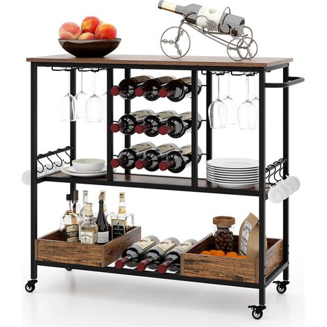 3 Tiers Bar Cart Home Serving Cart Industrial Rolling Beverage Cart-Coffee (1/5)