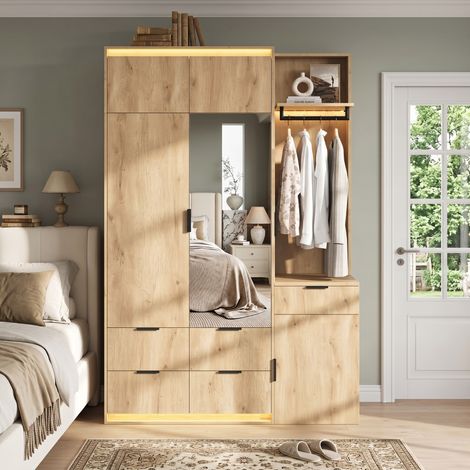 Vestiaire Entrée Armoire de Chambre Chêne 135x47x200cm - Garde-Robe avec Miroir, 2 Tringles, 5 Tiroirs et Ruban LED Connecté (1/5)