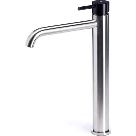 Rubinetto Miscelatore Monocomando Lavabo Alto in Acciaio Inox Satinato Maniglia Carbone (1/3)