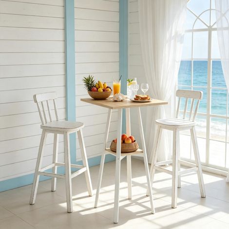Table de bar carrée avec étagère, 55 x 55 x 95 cm, plateau en bois clair mélaminé et structure en métal blanc, pieds réglables, pour cuisine et petits espaces – CHICFURN (1/5)