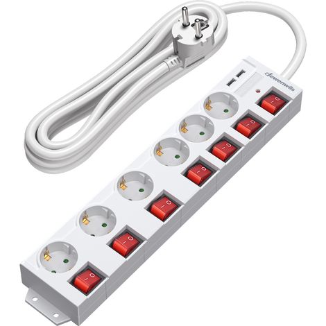 DEWENWILS Multiprise 6 prises 16A + 2 USB + 7 interrupteurs, 3680W max - Blanc, 5 m
