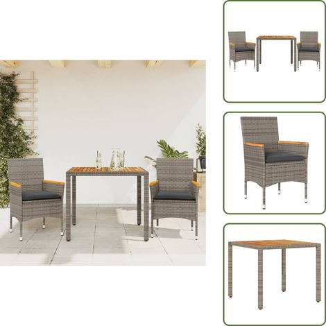 Ensemble à manger de jardin et coussins 3 pcs gris rotin acacia - Meubles De Jardin - Salon De Jardin - Set De Jardin - Mobilier Extérieur - Table De Jardin (1/5)