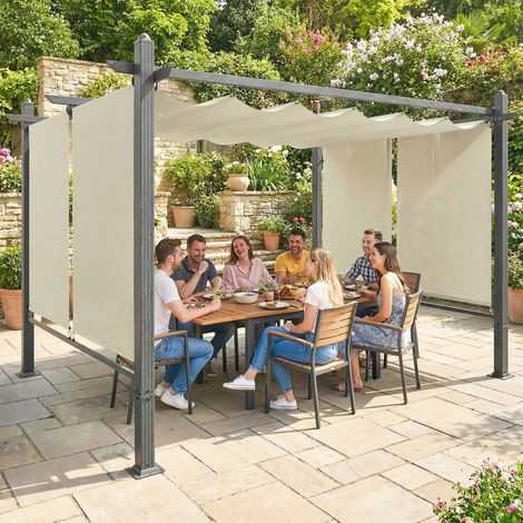 Pérgola de Jardín 4x3 m con Cortinas Enrollables Automáticas y Techo Retráctil Cenador de Jardín con UPF50+ Crema