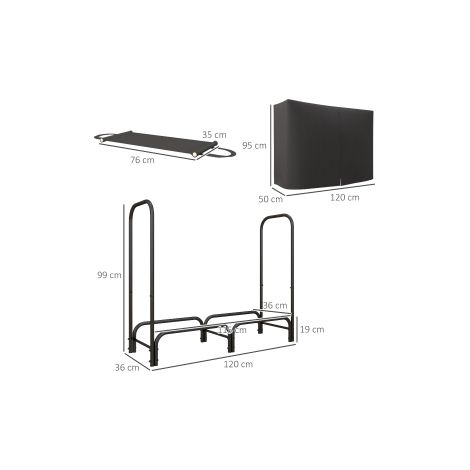 Range-bûches en métal noir 120 x 36 x 99 cm avec sac de transport et housse déperlante Oxford 600D pour jardin, terrasse (1/5)