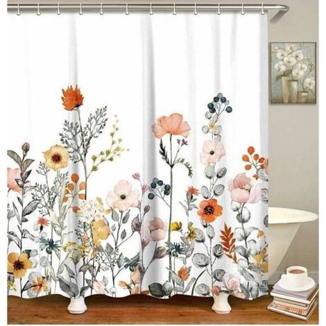 Cortina de ducha de tela con 12 ganchos - Estampado floral - Accesorio de baño moderno - Lavable a máquina - 180 x 200 cm (1/5)