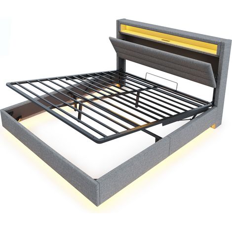 Lit rembourré 140 x 200 cm, cadre de lit flottant hydraulique avec rangement, lit rembourré multifonction avec prise USB et lumière LED, tête de lit réversible, lin gris (1/5)