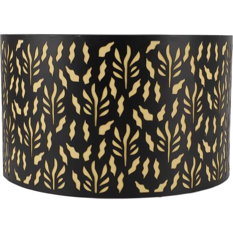 Abat-jour en métal noir, 25 cm, douille E27/E14, forme tambour, sculpté et ajouré avec doublure, motif feuilles d'herbe et d'eau