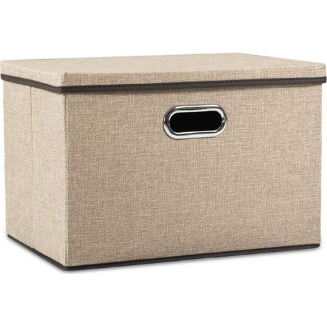 Grande Boîte de rangement pliable avec couvercle,[Lot de 1] bac de rangement de lin décorative, Panier Cube avec poignées,Panier Cube avec poignées,Kaki(43x30x30cm)