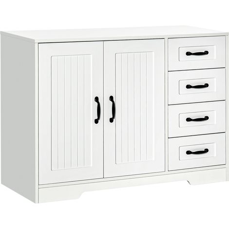 HOMCOM Buffet, table d'appoint blanche avec 4 tiroirs, clayette réglable et anti-basculement pour cuisine et salon
