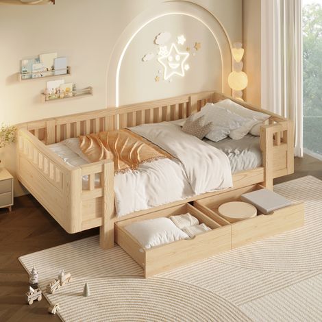 Lit enfant en bois avec rangement 90x200 cm, 2 tiroirs sous le lit, barrières de sécurité surélevées, sommier à lattes, pin et MDF, Naturel (1/5)