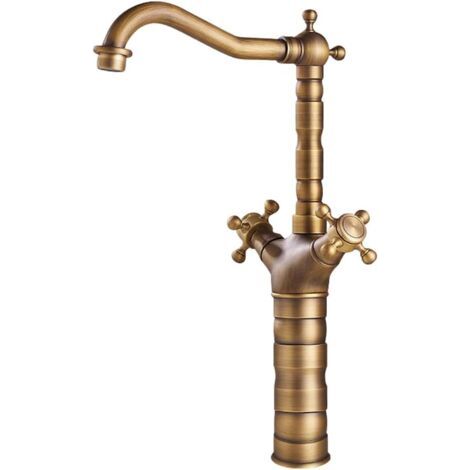Robinet de cuisine à double poignée en croix, d'évier en laiton à montage sur plage, monotrou, robinet d'eau chaude et à eau froideo (antique, haut) (1/5)
