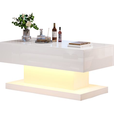 Table basse relevable haute brillance avec LED 100x50x45 cm, plateau semi-relevable et design coulissant latéral, système hydraulique et rangement